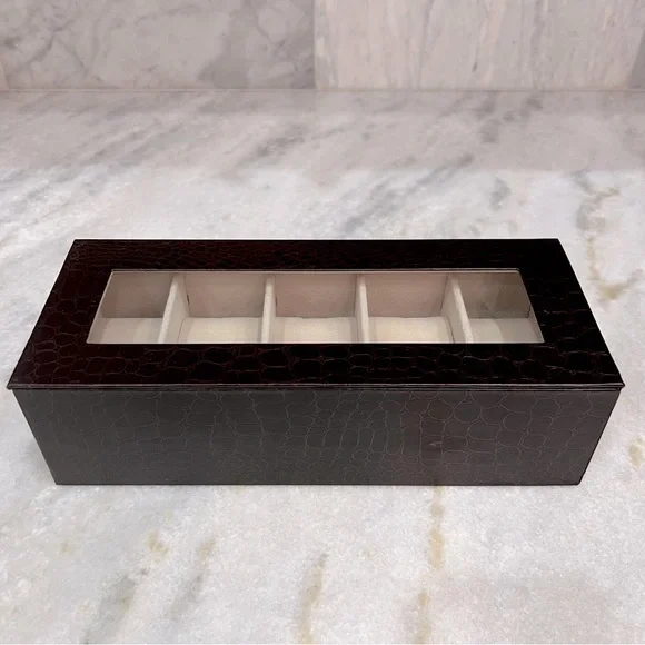 5 Slot Brown Crocodile Skin Pattern Leatherette Watch Box - Picture 2 of 9